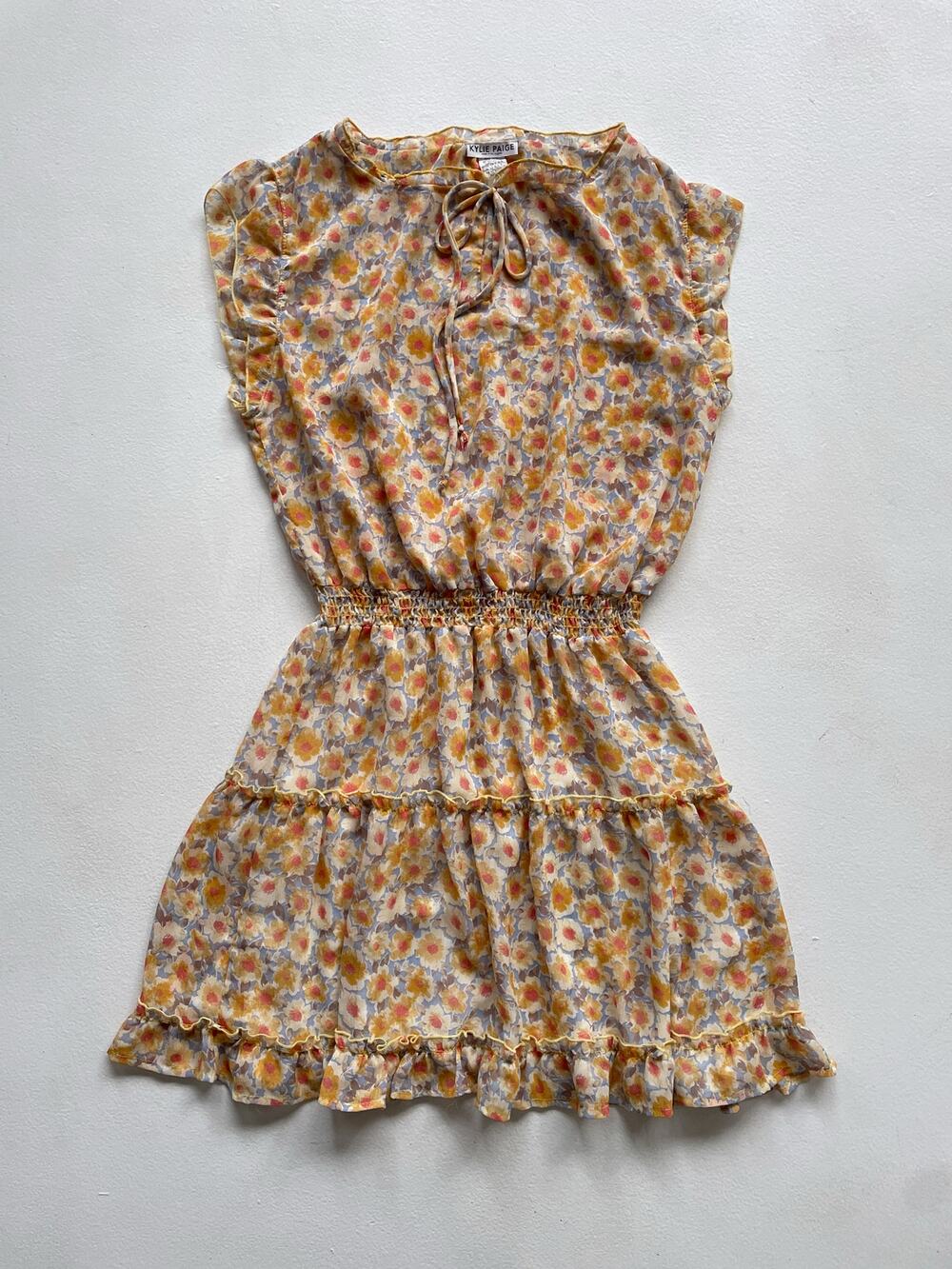 KYLIE PAIGE Floral Cottagecore Tiered Mini Dress / Sz L Retro Boho 70s Hippie